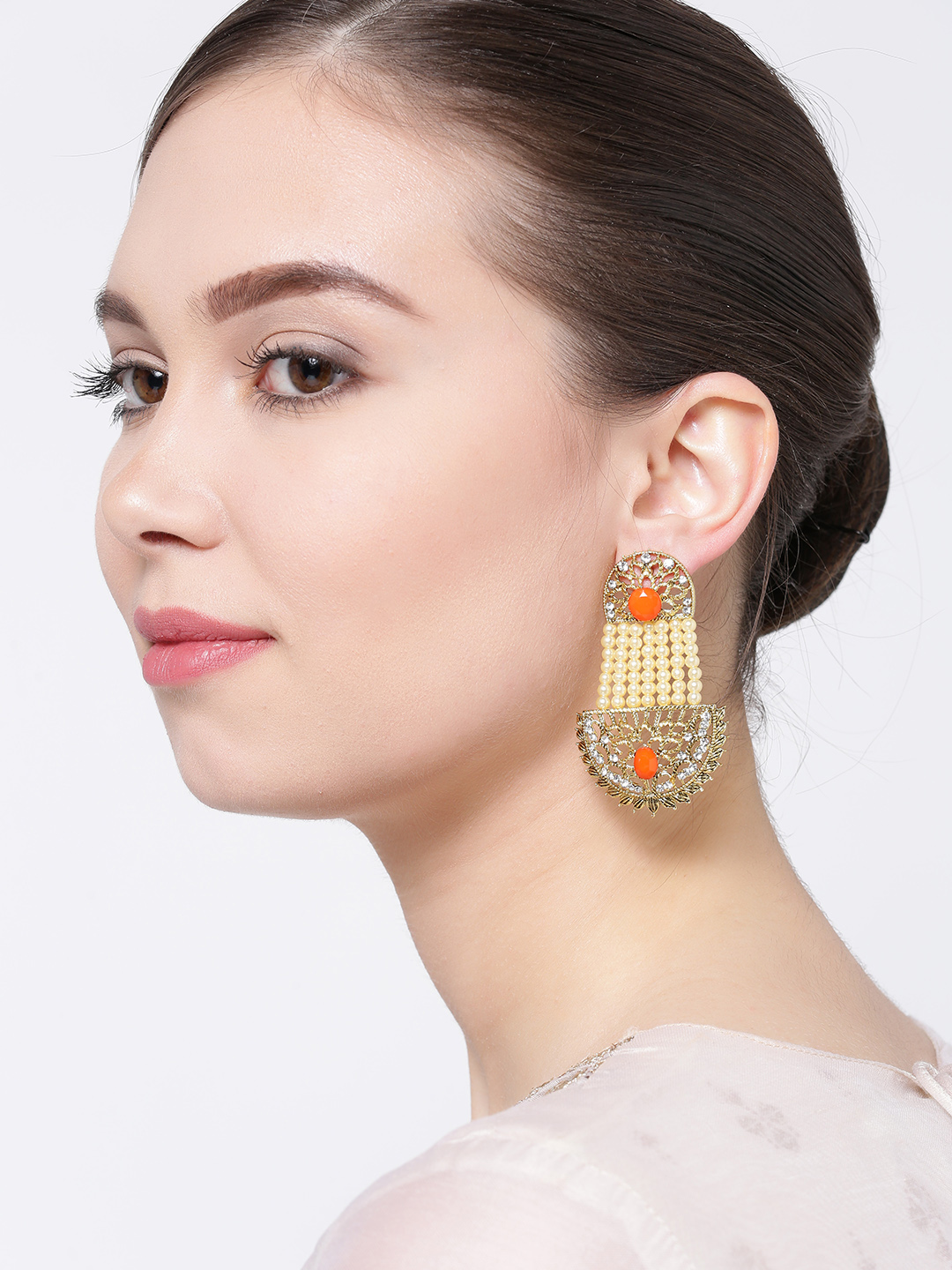 YouBella Off-White Gold-Plated Stone-Studded Beaded Drop Earrings